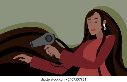 Woman with long dark hair dries her hair with a hair dryer. The concept of cleanliness, freshness and self-care. Daily routine. Vector horizontal illustration.