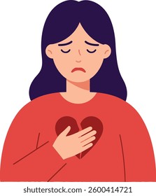 A woman with long dark hair looks downcast, gently placing her hand over her heart, reflecting feelings of sorrow and introspection in a minimalistic design.