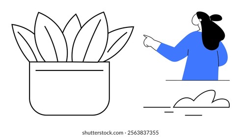 A woman with a long dark hair pointing. A potted plant with large leaves and an abstract cloud. Ideal for minimalism, nature, mindfulness, education, digital content. Simple clean style