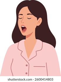 A woman with long dark hair yawns, wearing a soft pink pajama top, conveying a relaxed and sleepy mood in a cozy atmosphere.