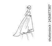 woman in a long dress with a bun on her head climbs the stairs, lifting her hem. hand drawn illustration of a woman in profile