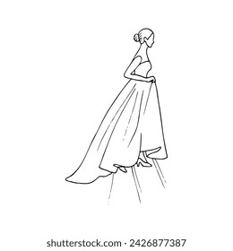 woman in a long dress with a bun on her head climbs the stairs, lifting her hem. hand drawn illustration of a woman in profile