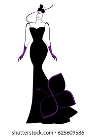A woman in a long dress and hat.