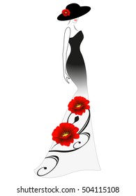 A woman in a long dress and hat with red flower.