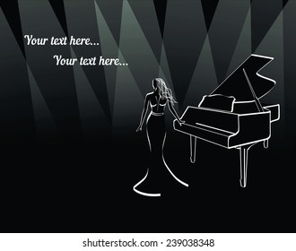 woman in long dress near piano under border lights border lights abstract outline in black and white with place for text. Vector illustration for musical poster or cover
