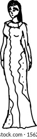 Woman in long dress sketch, illustration, vector on white background.