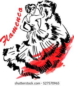  Woman in long dress stay in dancing pose. flamenco dancer, spanish.  Vector