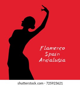 Woman In Long Dress Stay In Dancing Pose. Flamenco Dancer, Spanish. Beautiful Female Profile Black Silhouette On Red Background. Vector