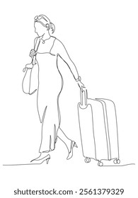 Woman in long dress with suitcase and bag walking. Travel. Continuous line drawing. Black and white vector illustration in line art style.