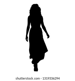 Woman in long evening dress walking forward, isolated vector silhouette, front view