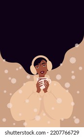 A woman with long flowing hair drinks tea. A woman holds a fragrant drink. Girl  in earmuffs. Calm and peaceful. Winter illustration. 