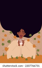 Una mujer con el pelo largo que corre toma té. Una mujer lleva una bebida aromática. Fondo de hojas y calabazas. Ilustración del otoño.