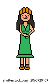 Woman in a long green dress and yellow kerchief, 8 bit pixel art character isolated on white background. Hippie girl. Old school vintage retro 80s, 90s 2d computer, video game, slot machine graphics.