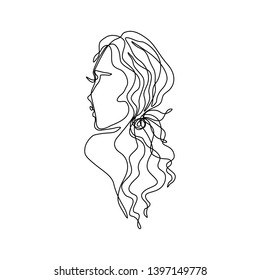 Woman with long hair abstract portrait, face of the girl side view is a single line on a white background, continuous line drawing, Tattoo and logo design for a spa or beauty salon, isolated vector.