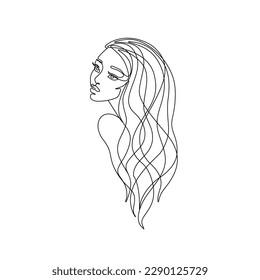 Woman with long hair abstract portrait, continuous line drawing, girl is a single line on a white background, Vector illustration. Tattoo, print and logo design for spa or beauty salon. 