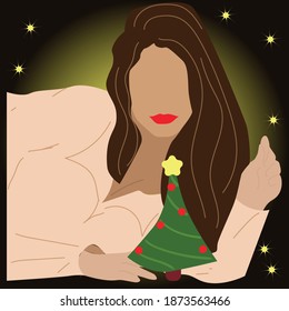 a woman with long hair is admiring her tiny Christmas tree in front of her
