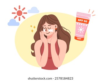 A woman with long hair applying sunscreen with SPF 50 to her face, providing essential protection for her skin against harmful UV rays.