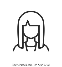 Woman with long hair and bangs, linear style icon. Straight hair reaching shoulders, with straight bangs covering forehead. Editable stroke width