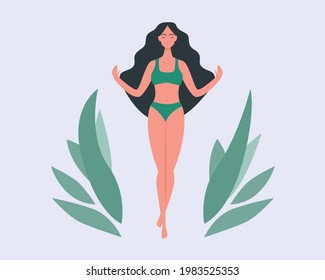 Woman with long hair in bikini meditating around leaves.Concept  vector illustration for yoga