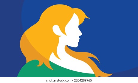 Woman with long hair blowing in the wind. Abstract portrait of bright blonde with lush, luxurious mop of hair. Female silhouette on blue background. Vector illustration in modern style.