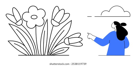 Woman with long hair and blue shirt pointing at sky with clouds. Nearby vibrant flowers and leaves. Ideal for nature themes, simplicity, spring season, outdoor activities, joy. Simple line art style