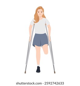 Woman with long hair and a calm expression uses crutches to support herself after a leg amputation. Flat vector illustration isolated on white background