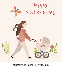 A woman with long hair carries a baby carriage in front of her, vector illustration, flowers, butterfly, happy mother's day.