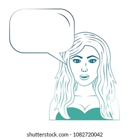 woman with long hair and character speech bubble pop art style