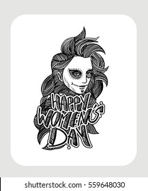 Woman with long hair concept for Happy Women's Day greeting card design. Hand Drawn Sketch Vector illustration.