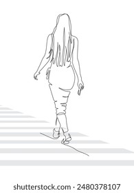 Woman with long hair crossing road with zebra crosswalk. . Wear dress and holding phone. Back view. Continuous line drawing. Vector in line art style.
