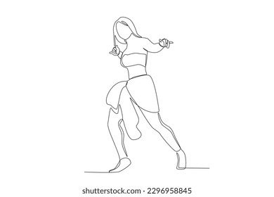 Una mujer de cabello largo está bailando una danza tribal africana. Dibujo de una sola línea de la tribu africana