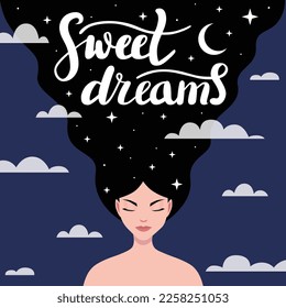 Woman with long hair decorated with moon and stars. Sweet dreams banner. Happy young woman is fast asleep. Sleep tight, sweet dreams fantasy concept. Flat vector illustration