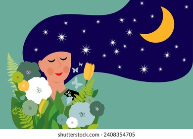 Woman with long hair decorated with moon and stars. Illustration about sleep, good dream, night, magic, peaceful, calm, etc. Horizontal card. Cute dreaming girl. Flat vector illustration