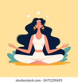 Mujer de pelo largo haciendo meditación y yoga. Ilustración vectorial plana. Alrededor de flores de loto blancas