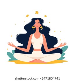 Woman with long hair doing meditation and yoga. Flat vector illustration. Around white lotus flowers