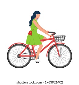 A woman with long hair in a dress with a purse over her shoulder rides a Bicycle with a basket. Urban environmental transport. Summer vector illustration. Isolated on a white background. flat style.