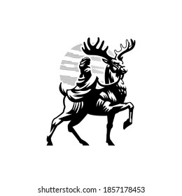 A woman with long hair and a dress rides a red deer. Deer rider. Stylized vector styling.