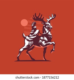 A woman with long hair and a dress rides a red deer. Deer rider. Stylized vector styling.