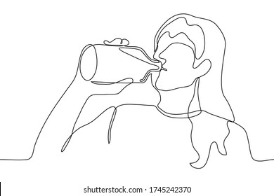 A Woman With Long Hair Drinks A Drink (water, Alcohol) Directly From The Bottle. One Continuous Line Drawing Of A Woman Alcoholic Drinking Alcohol.Can Be Used For Animation.