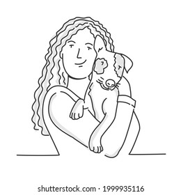 Woman with long hair embracing dog. Hand drawn vector illustration.