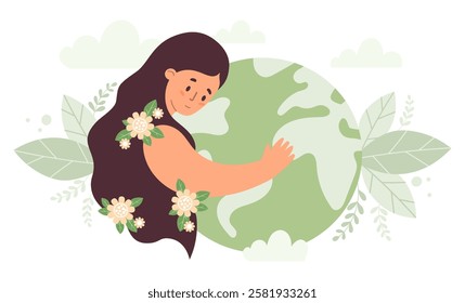 Woman with long hair and flowers hugs green planet Earth. Eco friendly Nature and environmental care. Earth Day. Female character mother earth. Vector illustration in flat style 