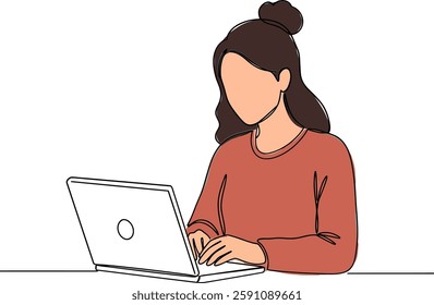 A woman with long hair focused on her laptop, conveying a productive atmosphere in a simple, clean design.