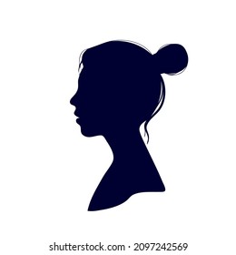 Woman with long hair, head, female  profile, black silhouette. Vector illustration isolated on white background.