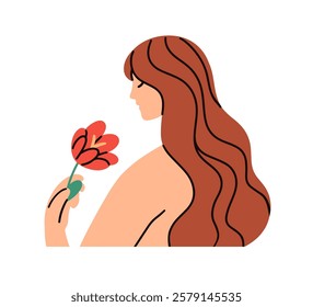 Woman with long hair holding flower. Calm tender female smelling and enjoying gentle floral in hand. Beauty, femininity, tenderness concept. Flat vector illustration isolated on white background