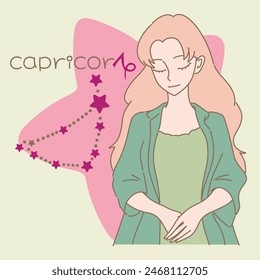 Woman with long hair, holding hands. Capricorn zodiac, astrological sign, constellation, word and star. Hand drawn flat cartoon character vector illustration.