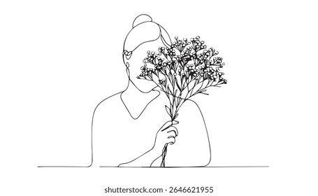 Woman with long hair holding a large red flower in a detailed line art illustration style image