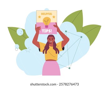 Woman with long hair holding a poster reading Helpful Tips with a light bulb design, surrounded by abstract leaves and shapes. Concept of guidance and ideas. Vector illustration