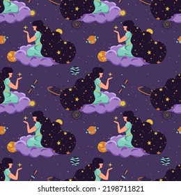 A woman with long hair holds a star in her hands. Magic, sorcery, dreams. Seamless pattern