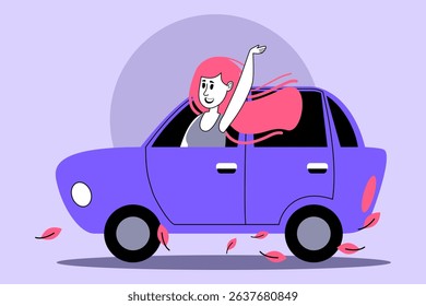 Woman with long hair joyfully waving from inside purple car, surrounded by falling leaves. Freedom and adventure concept