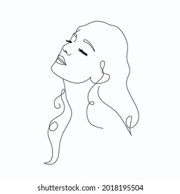 Woman Long Hair Line Art. Minimal Hair Dresser Logo. Beauty Salon Vector One Line